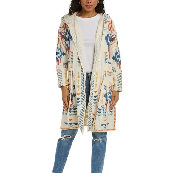Johnny Was Ivory Chromata Silk Lined Embroidered Hooded Cinched Jacket M